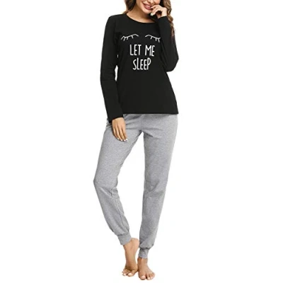 Image de Sykooria Pyjama Femme Hiver Coton Vêtements de Nuit à Manches Longues Col Rond Ensemble 2 Pièces Doux et Confortable Noir M