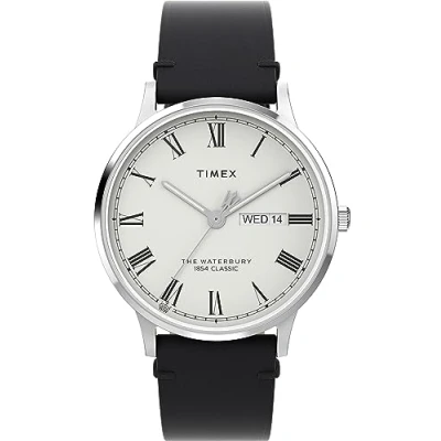 Image de Timex Waterbury Montre pour hommes, 40 mm, bracelet en cuir noir à ouverture rapide, deux pièces, cadran blanc, boîtier acier inoxydable TW2W15000
