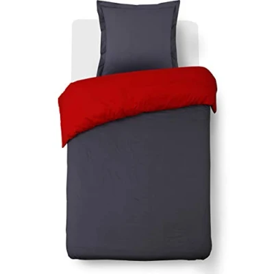 Image de Vision Parure de lit Réversible Bicolor Gris/Rose Set Housse Couette 140x200 cm avec 1 taie d&#039;oreiller pour Personne 100% Coton