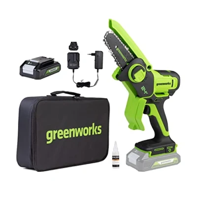 Image de Greenworks 24V Mini Tronçonneuse 10cm à batterie sans fil alimentée par de 2 Ah, vitesse chaîne 7,8 m/s, pour branches d&#039;arbres, coupes jardin, cour et usage domestique.