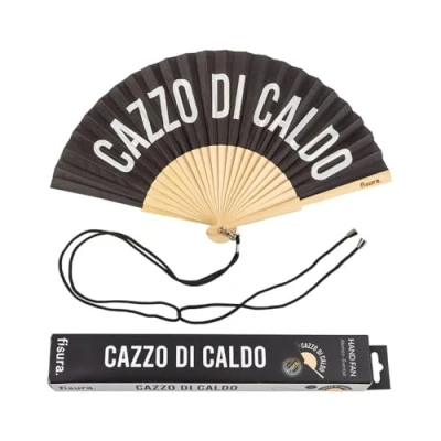 Image de Fisura Éventail original avec message en italien &quot;c*zzo di caldo&quot;. moderne et amusant bois. pliant noir blanc. Mesures : 42,5 x 23 cm. Bois textile.
