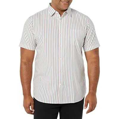 Image de Amazon Essentials Chemise en Popeline à Manches Courtes Coupe Ajustée Homme, Rose Bleu Sarcelle Rayures, XS