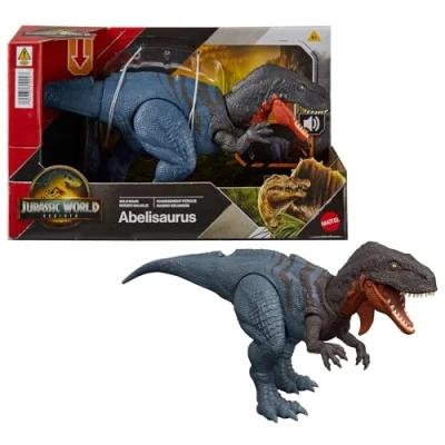Image de Mattel Jurassic World : Renaissance, Figurine articulée Abelisaurus Rugissement féroce, dinosaure avec mouvement de mâchoire, attaque multidirectionnelle et son, jeu virtuel, JGB91