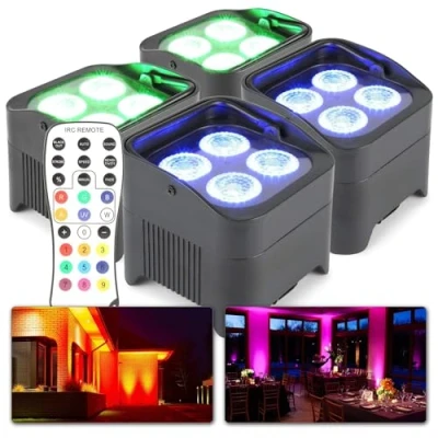 Image de BeamZ BBP94 Lot de 4 Projecteurs PAR Uplight sur Batterie RGB DMX 40 Watts, 9 Heures d&#039;Autonomie, Télecommande, Idéal pour Éclairage Salle, Mariage, Jardin, Architecture, Hôtel, Restaurant