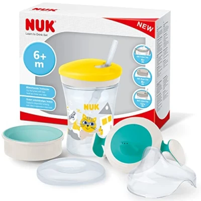 Image de Set NUK pour apprendre à boire avec une tasse d’apprentissage Trainer Cup (6+ mois), antifuite Magic 360 (8+ m) et enfant Action (12+ 230 ml sans BPA jaune