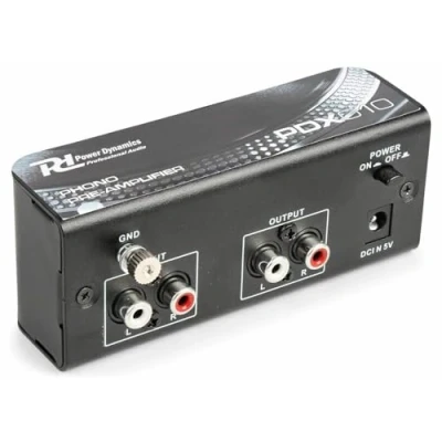 Image de Power Dynamics PDX010 Préamplificateur Phono, Entrée et Sortie RCA, Egaliseur RIAA, Boitier Solide, Borne de Mise à la Terre, Idéal pour Platine Vinyle Tourne Disque