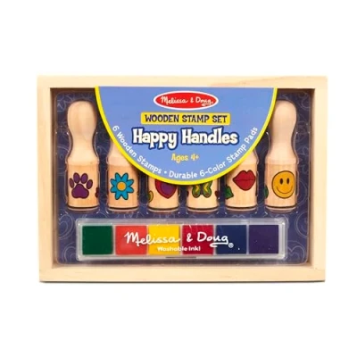 Image de Melissa &amp; Doug Jeu de timbres en bois, 6 bois et un tampon encreur à couleurs multiples, Jouet créatif, Loisirs créatifs pour filles garçons 3 4 5 7 ans