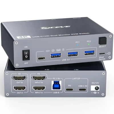 Image de YOUTINGHDAV KVM Switch 2 PC moniteurs USB C, commutateur double moniteur pour ordinateur portable et PC, 3.0 MST Dual 4K @ 60Hz, charge Type C 60 W portable,