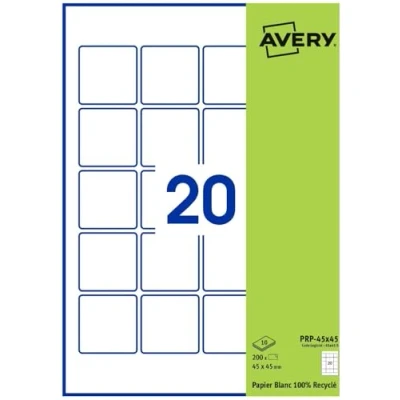 Image de AVERY Pochette De 200 Étiquettes Autocollantes Carrées, Papier Blanc Recyclé, Format 45X45 mm, Personnalisables Et Imprimables Laser, Jet D&#039;Encre Copieur (PRP 45X45.Fr)