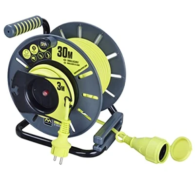 Image de Masterplug Pro XT Enrouleur ouvert inversé avec prise en ligne résistante aux intempéries 30 m câble haute visibilité de 3 m, vert