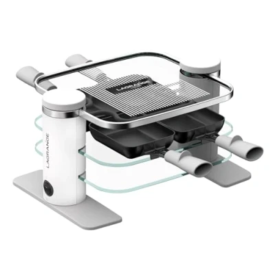 Image de LAGRANGE Appareil à raclette 4 personnes, 500 W, Plateaux verre, plateau supérieur démontable pour nettoyage simplifié, Repose poêlons intégré, Design épuré, Bouton marche/arrêt, 079401