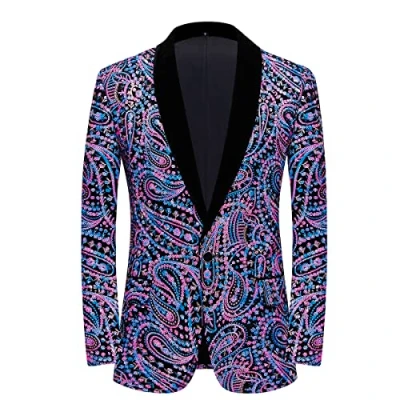 Image de PYJTRL Veste de Costume à Paillettes Brillantes pour Hommes Fleurs Classique la Mode, adaptée aux fêtes, Mariages, banquets, bals,Multicolor,XS