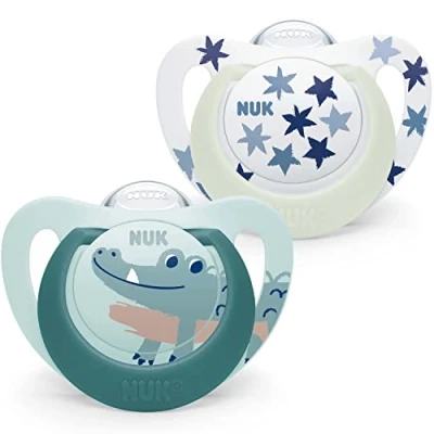 Image de NUK Star Lot de 2 tétines pour bébé 6 à 18 mois, jour et nuit, en silicone sans BPA, crocodile vert