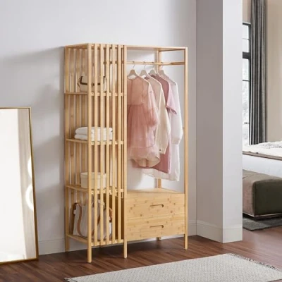 Image de [en.casa] Portemanteau avec Barre de Penderie 2 Tiroirs 4 Compartiments Rangement Portant à Vêtements pour Entrée Dressing Chambre Bambou 185 x 100 45 cm Naturel