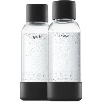 Image de Mysoda : Bouteille réutilisable en PET sans BPA pour machine à eau gazeuse, avec verrouillage rapide et détails composite de bois, 2 x 0,5 L Noir
