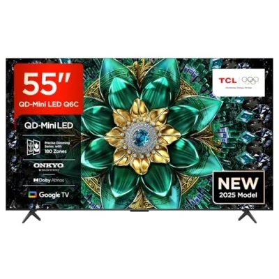 Image de TCL 55Q6C QD Mini LED TV, 4K HDR Premium 1000nits, Smart TV alimenté par Google (Dolby Vision IQ et Atmos, système Audio Onkyo 2.1, Motion Clarity Pro 144Hz, Game Master, contrôle Vocal Mains Libres)