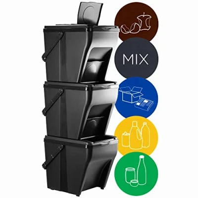 Image de KADAX Poubelles de Tri Sélectif pour la Collecte et le Recyclage des Déchets à Domicile, Système Séparation Empilables (3 x 25L, Noir)