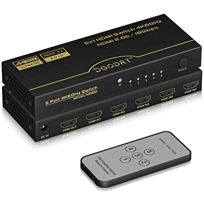 Image de 4K 60Hz Switch HDMI 5 Entrées 1 Sortie, Commutateur avec Telecommande, Prend en Charge 4K@60Hz 1080P HDR 3D pour PS3 PS4 Xbox HDTV