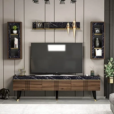 Image de HOMIDEA KARYA Ensemble de Salon Meuble TV Banc en Bois avec 3 Portes et étagères murales au Design Moderne pour Le (Noyer/Marbre)