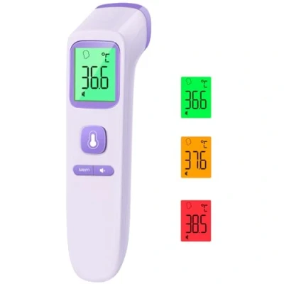 Image de thermomètre frontal sans contact avec valeurs de mesure instantanées précises, alarme fièvre, écran LCD et 35 rappels mémoire, infrarouge numérique pour enfants adultes, violet