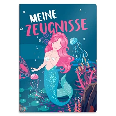 Image de itenga Porte documents robuste avec motif DIN A4 20 pochettes solides Pour enfants, adolescents, étudiants, filles, garçons (motif sirène)