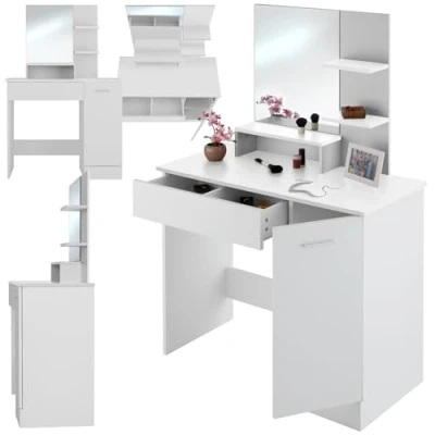 Image de TecTake® Coiffeuse avec Miroir Table de Maquillage Vanity Desk Moderne 3 étagères 1 tiroir, Compartiment à Porte Rangement Meuble Adulte Femme Blanc