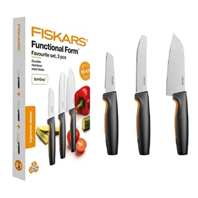 Image de Fiskars Set de Couteaux Cuisine, 3 Pièces, Functional Form, Comprenant Couteau Chef (Moyen), d&#039;Office et à Pain, Acier Inoxydable Japonais/Plastique, 1057559