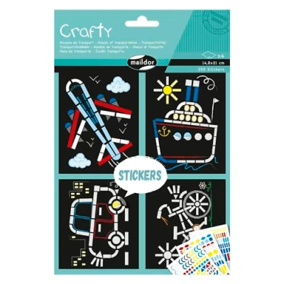 Image de Maildor AF035C Kit créatif enfant Crafty 3 planches de GOMMETTES + 4 DÉCORS FOND NOIR 14,8x21 cm TRANSPORTS