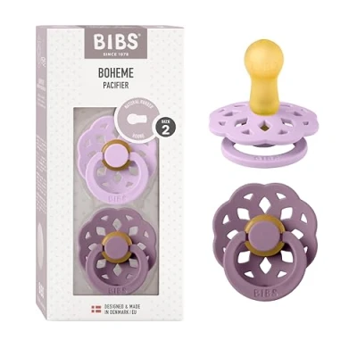 Image de BIBS Boheme Lot de 2 tétines. Sans bisphénol A., Téterelle symétrique. Latex caoutchouc naturel, Fabriqué au Danemark, Taille (6 18 mois), Violet Sky/Mauve