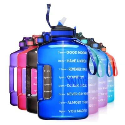 Image de ETDW Bouteille de sport 2,2 litres avec indication du temps Sans BPA Réutilisable Épais Seau portable paille poignée solide Bleu