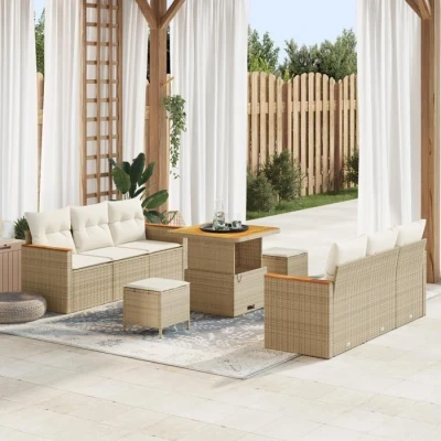 Image de Ensemble de Canapés Jardin 9 Pièces avec Coussins Beige Rattan Poly Acacia, 3 3362996