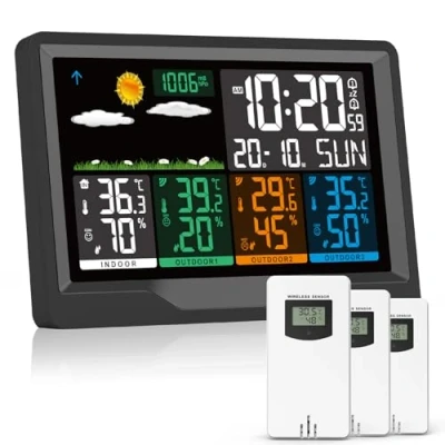 Image de Station Meteo Interieur Exterieur Sans Fil avec 3 Capteurs Thermomètre Hygromètre LCD Écran Couleur Alerte Température Météo Prévisions DCF Radio Phase de la Lune Snooze Réveil Humidité Date Jour