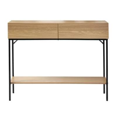 Image de CASÂME Console 2 Tiroirs &amp; 1 Tablette Structure en Métal Noir Industriel et Naturel d&#039;Entrée Salon Bois Clair L100 x P35 H81 cm