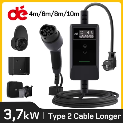 Image de dé Chargeur Voiture Electrique 3,7kW 6m [0,85m+5,15m, 6A 16A] Cable Recharge Type 2 avec Support Mural, Numérique LCD, Compatible Model Y, E 208, 500e et Autres EV/PHEV