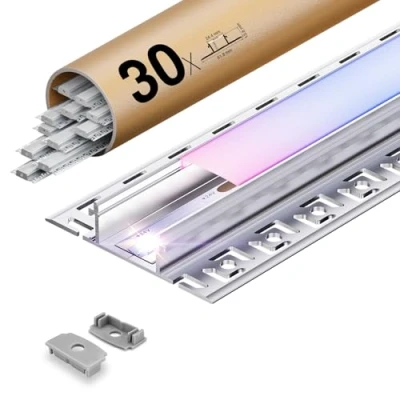 Image de KOSOOM 30 Profile Alu pour Ruban Led 2m Sans Rainure Préfabriquée, Profilé 20mm avec Diffuseur PC Opalin, Installation Placo Mur/Plafond Rail Linéaire Éclairage Intérieur