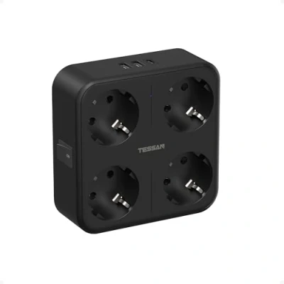 Image de TESSAN Multiprise Murale 4 Prises, Prise Multiple avec 1 USB C et 2 A, Adaptateur Secteur Interrupteur pour Domicile, Bureau, Compatible Phone, Pad, Noire