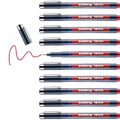 Image de edding 1800 Feutre fin de précision Rouge 10 stylos Largeur trait 0,7 mm Pour une écriture et des esquisses précises Pointe fine gainée métal adapté aux règles pochoirs