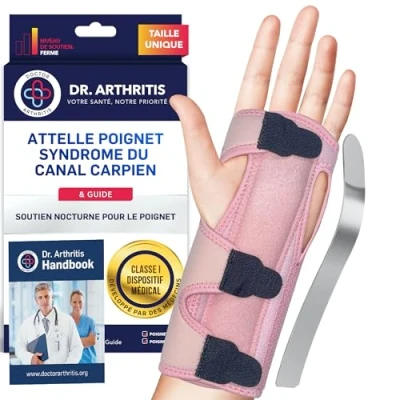 Image de Attelle Poignet de Nuit avec Rembourrage Profilé pour Syndrome du Canal Carpien, Tendinite Poignet, Reeducation Main, Réglable, Confortable, Livret Écrit par un Médecin Inclus [À l’Unité, Rose]