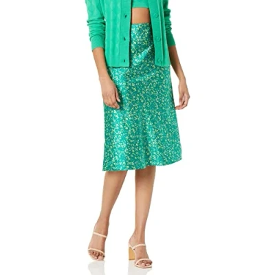Image de The Drop Maya Jupe soyeuse à enfiler pour Femme, 5X Grande taille, Motif floral vert