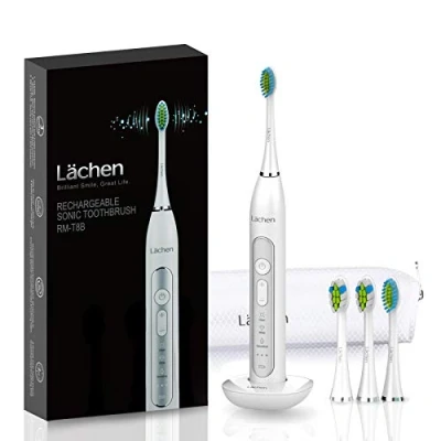 Image de Lächen Sonic Brosse à dents électrique avec 4 brosses et minuterie 3 modes niveaux de vibration sac voyage Blanc