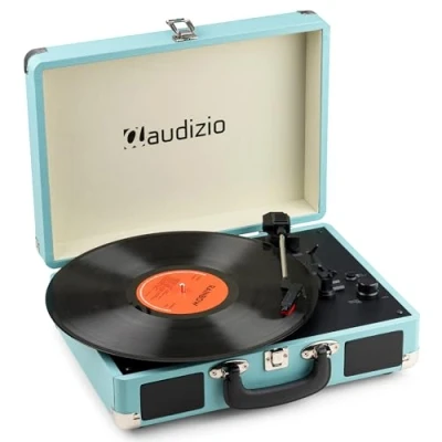 Image de Audizio RP116BL Platine Vinyle Rétro avec Bluetooth in &amp; Out, Haut Parleurs Intégrés Bleue, Lecture 33/45 78 Tours, Idéal pour Écouter Vos Anciens Vinyles Préférés