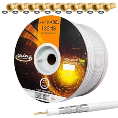 Image de HB DIGITAL Câble satellite coaxial 135 dB 100 m en cuivre pur 5 blindages Pour installations DVB S / S2 C et T BK + 10 fiches F plaquées or avec anneau caoutchouc