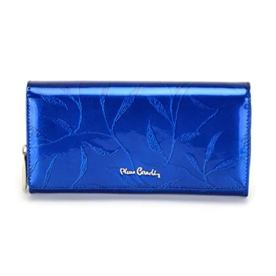 Image de Pierre Cardin Portefeuille Femme, Femme avec Un Motif d&#039;une Feuille, Végétal, Elégant, Pratique, en Cuir Verni, Large, 19,5x10x3 cm, Bleu