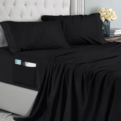 Image de Utopia Bedding Parure de Lit Brodé 4 Pièces (135x190, Noire), Draps 2 Personnes, Polyester Microfibre, Drap Housse avec Poches Rangement, Plat et Taies d&#039;oreiller