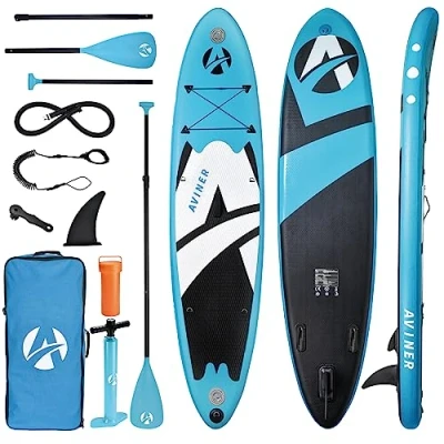 Image de Aviner Stand Up Paddle Gonflable, Gonflable Set, 150KG/ 305x71x15cm, Set Adulte avec Accessoires complets Premium pour Tous Les Niveaux, Bleu Clair