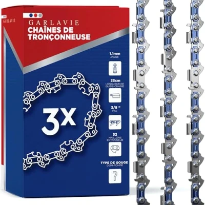 Image de Garlavie Lot de 3 chaînes tronçonneuse 35 cm LP 1,1 mm 52 maillons d&#039;entraînement Chaîne à faible rebond compatible avec Makita DUC353, Bosch AKE 35s, EinheIl GP LC 36/35 Li,