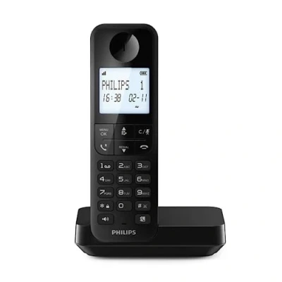 Image de Philips D2701B Téléphone fixe sans fil, écran rétroéclairé 4,6&quot;, microphone vertical, appels mains libres, jusqu&#039;à 14 heures, antenne optimisée, réglages de confidentialité, noir