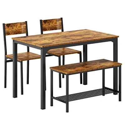 Image de SogesHome Ensemble de Salle à Manger 4 pièces Table Meubles 2 chaises et Banc avec étagère en Bois Structure Acier pour Cuisine