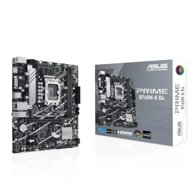 Image de ASUS PRIME B760M K D4 Carte mère Intel B760 LGA 1700 Micro ATX (DDR4, PCIe 4.0, 2 x 4.0 M.2, Realtek 2.5Gb Ethernet, VGA, HDMI, SATA 6 Gb/s, USB 3.2 Gen 1, Aura Sync RGB)