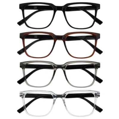 Image de OPULIZE LEO Lunettes de Lecture Lot 4 Monture Rectangulaire Large Noir, Brun, Gris, Transparent Hommes Femmes RRRR55 127C +2.50